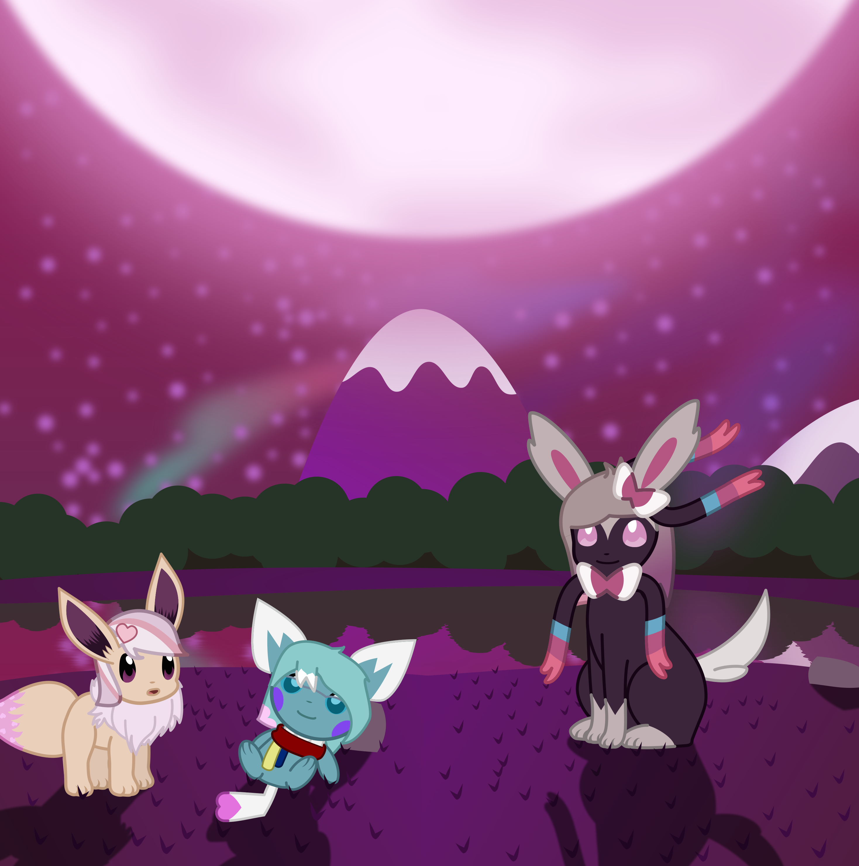 An eevee, pichu, and sylveon all look up at the moon, all standing on a purpleish hill.