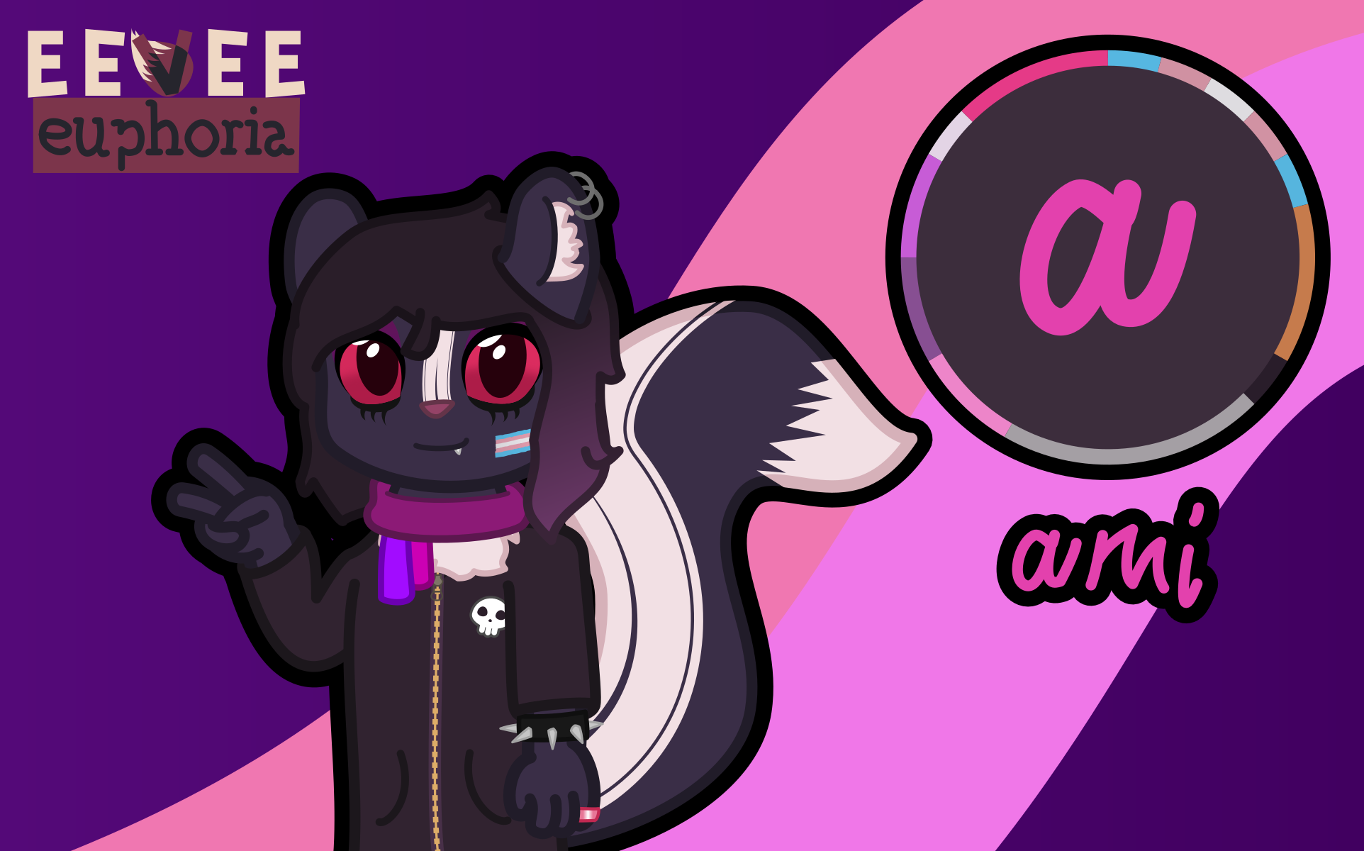 A punky gothic skunk gives you a slanted peace sign!