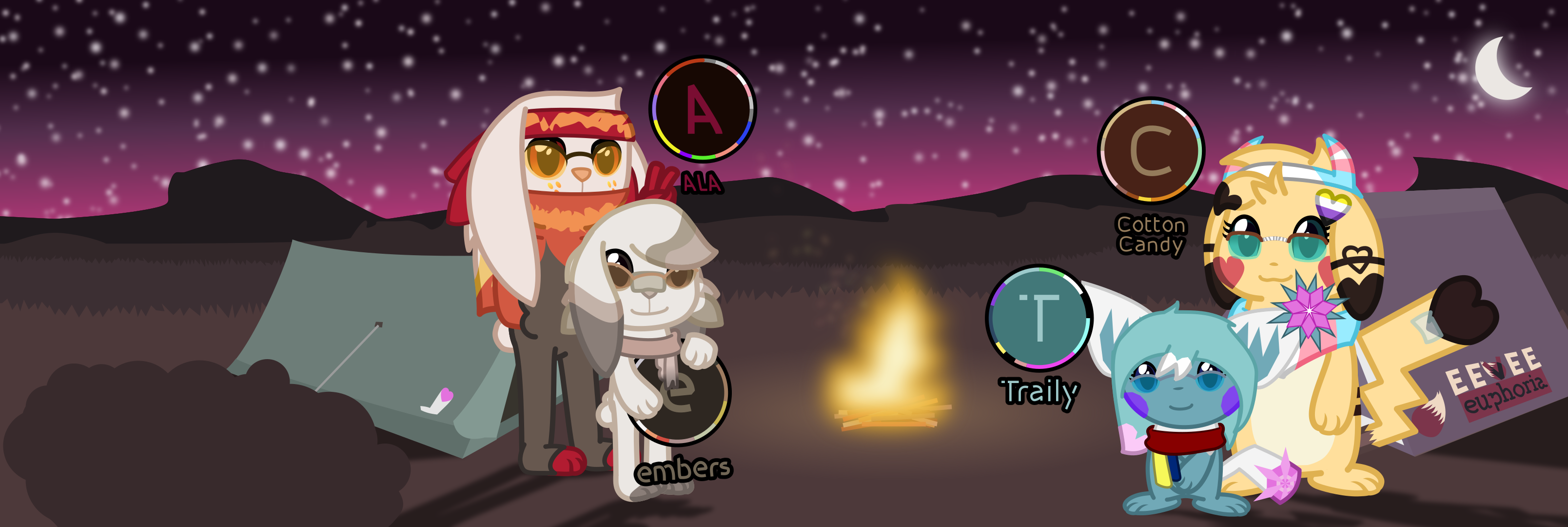 A group picture featuring a few pokemon, they're stood next to a fireplace and have tents set up behind them!