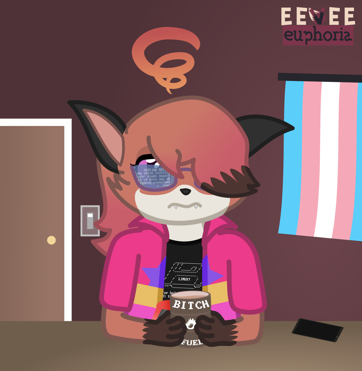 A fox is holding a mug of Bitch Fuel, while she stares at her computer that has a crash screen. In the background is a trans flag.