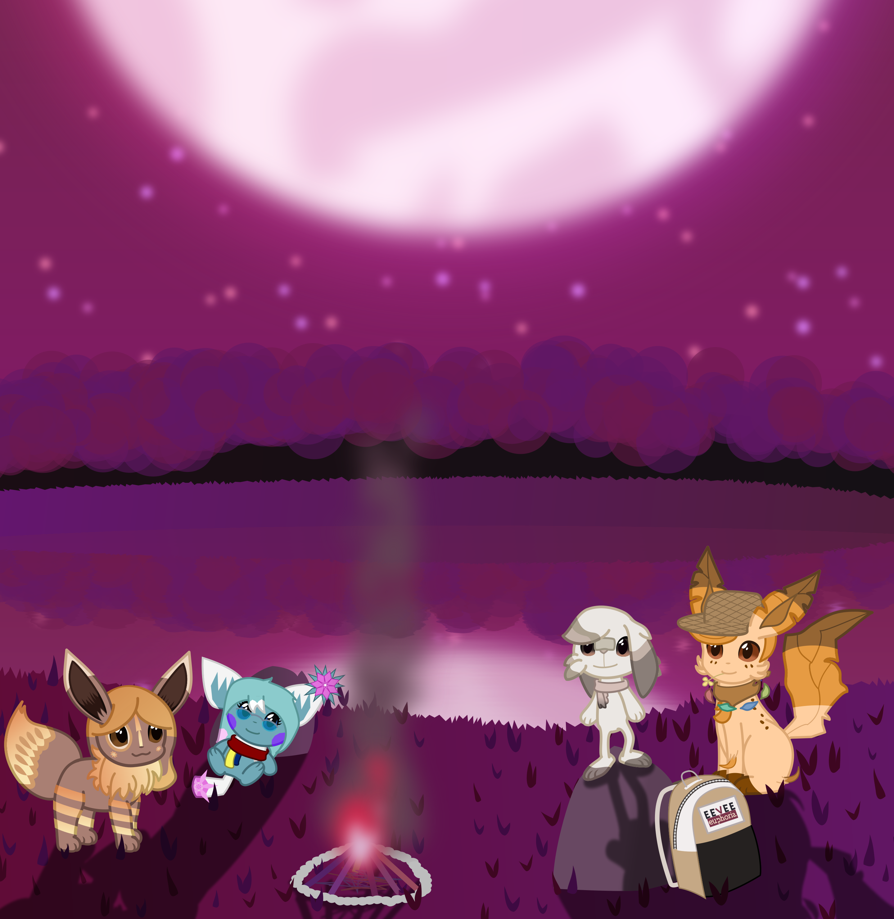 An eevee, pichu, scorbunny, and leafeon all look up at the moon, all standing on a purpleish hill.