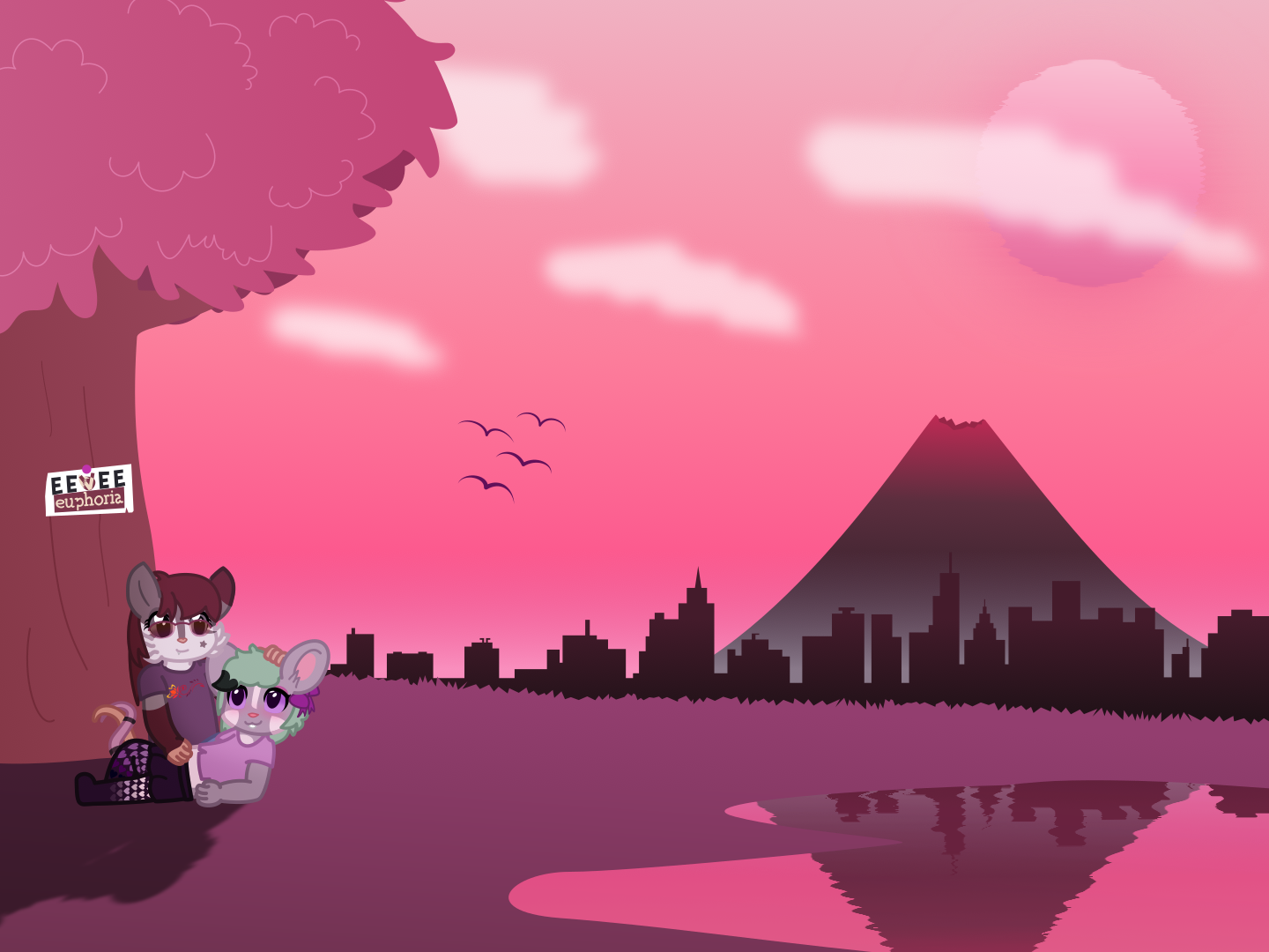 an anthro possum and an anthro mouse are sitting underneath a tree, with the possum holding and petting the mouse. the background is very pink and purple, with the grass being purple, and the sky being pink. in the distance there is a city, and behind that city is a volcano. there is a reflection of that that goes into a nearby pond.