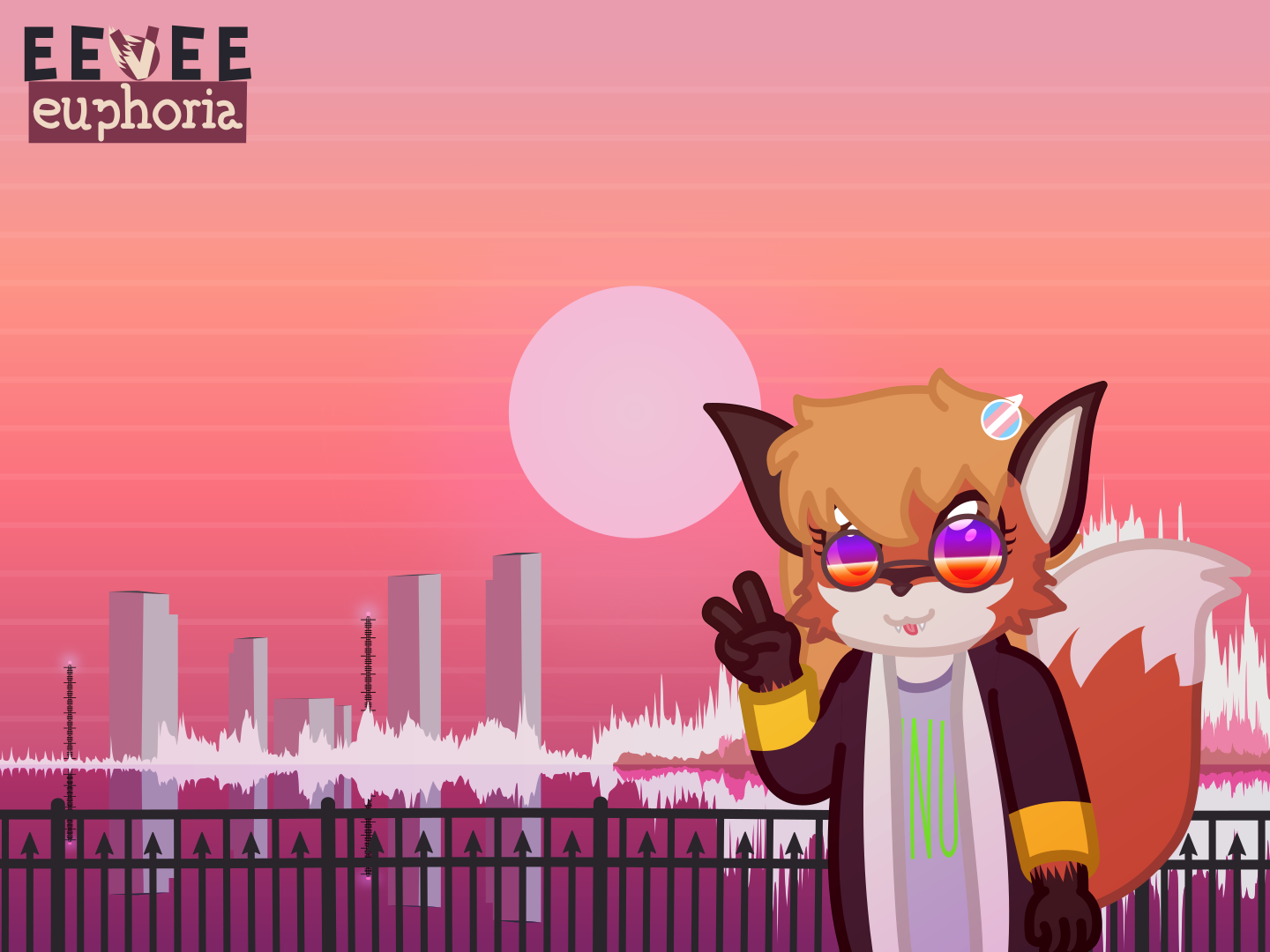 xenia sticks her tongue out and holds a peace sign against a orangey pink sky, with the sun center in frame. there is a city in the distance, and a mountain that is very jagged, looking like audio wave forms