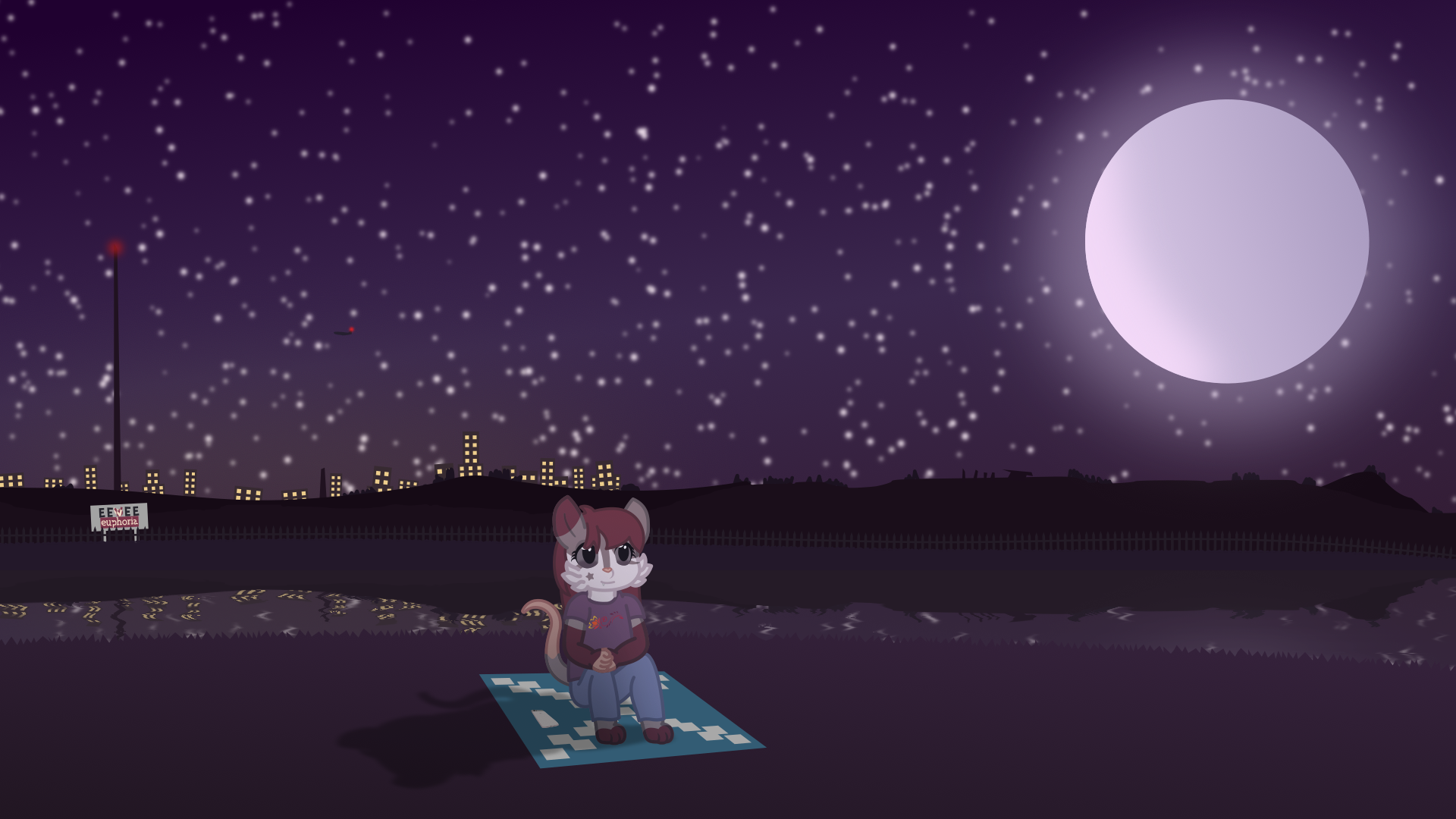 A possum is sitting down in the middle of a grassy field at night, the moonlight bathing her.