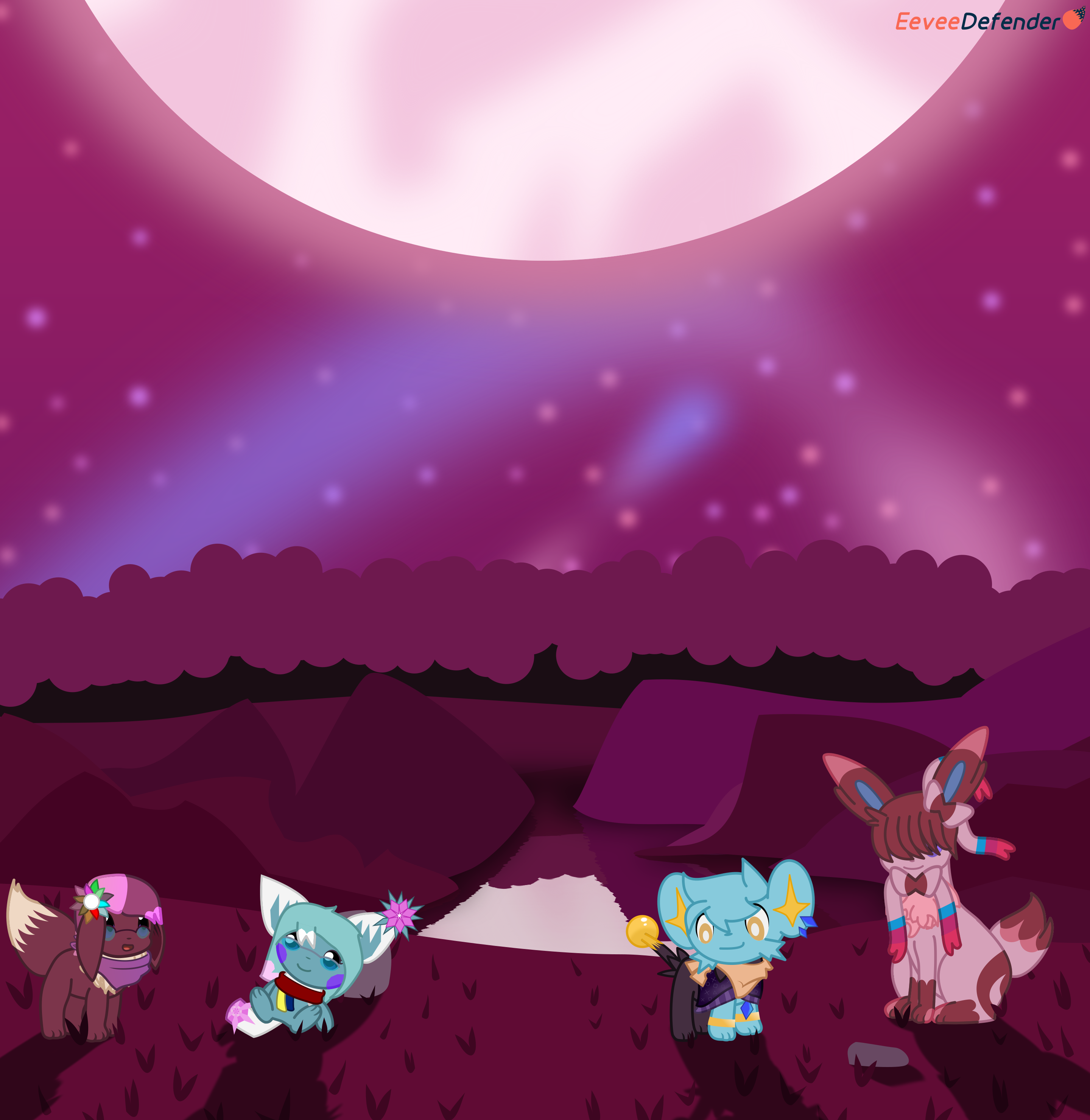 An eevee, pichu, shinx, and sylveon all look up at the moon, all standing on a purpleish hill.