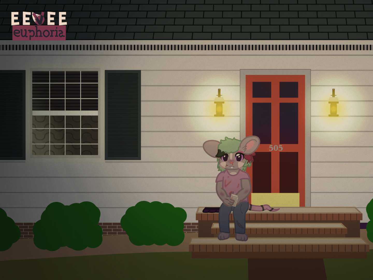A grey mouse is sitting on the steps outside a house, visibly bruised and bleeding from several places. They are holding a note in their hand, and a light is on in the window to their left.