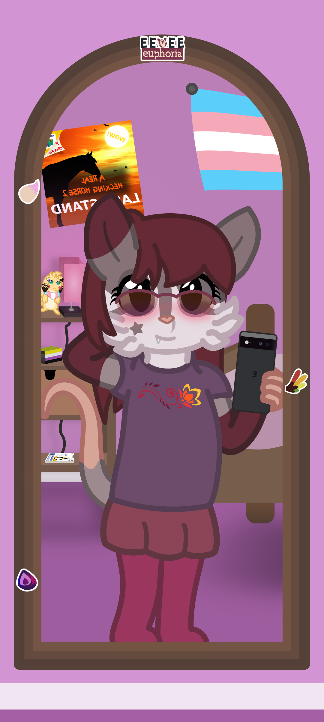A gay possum is taking a selfie in the mirror, she's wearing red thigh-highs, a skirt, and a purple shirt with a red-to-yellow flower shirt