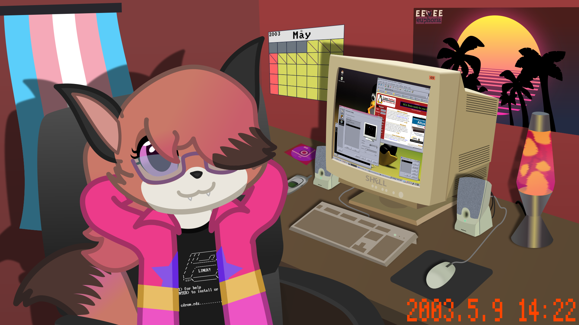 A fox with a ponytail for hair, sitting in front of a Linux computer, in a room filled with stuff typical of the early 2000's.