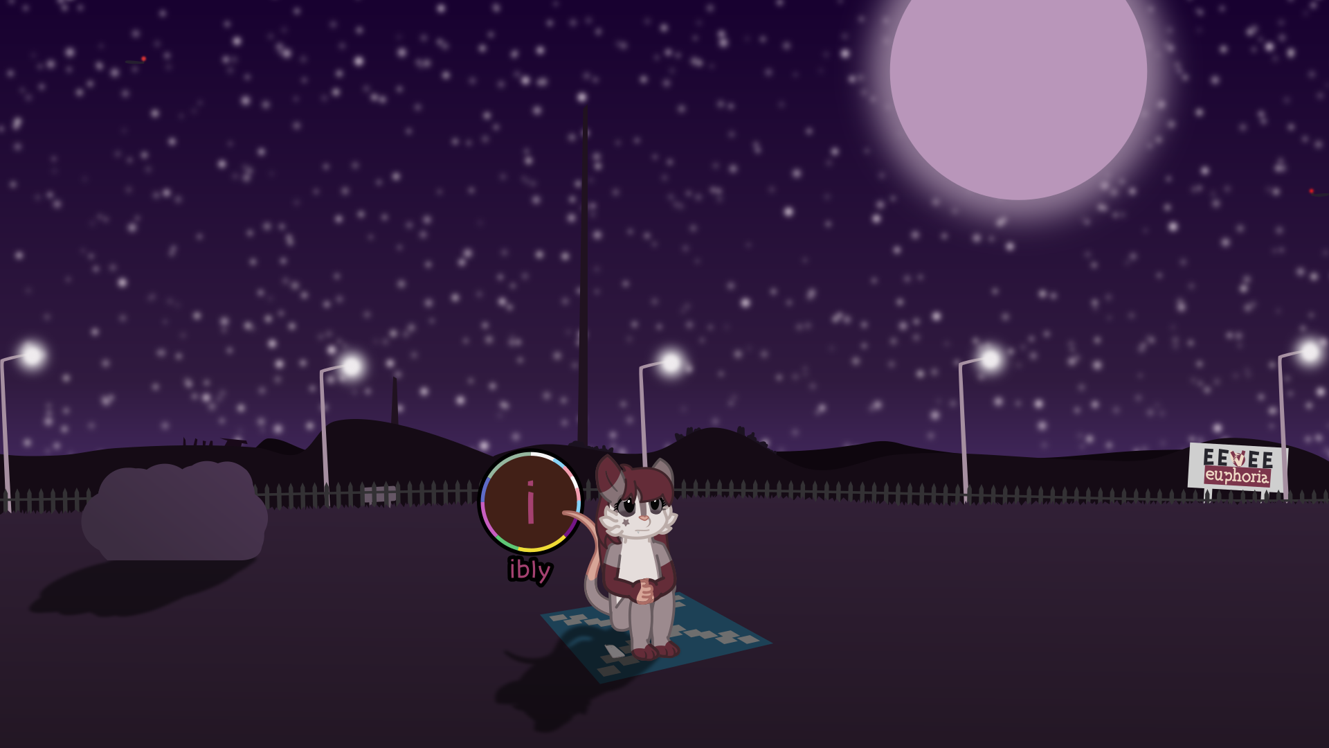 A possum is sitting down in the middle of a grassy field at night, with a concerned expression on her face. Behind her are a bunch of street lamps.