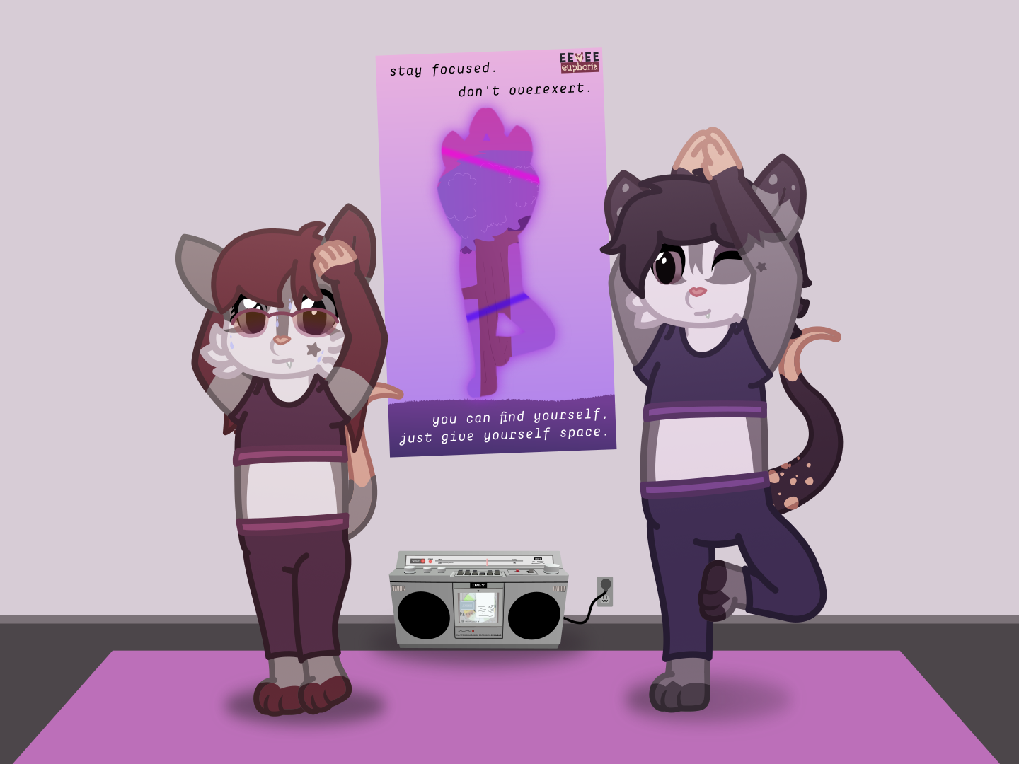 two possums are doing tree pose yoga, with one struggling to balance her leg on the other. in the background there is a boombox playing a minidisc, and above it as a poster of someone doing the tree pose, with text that says 