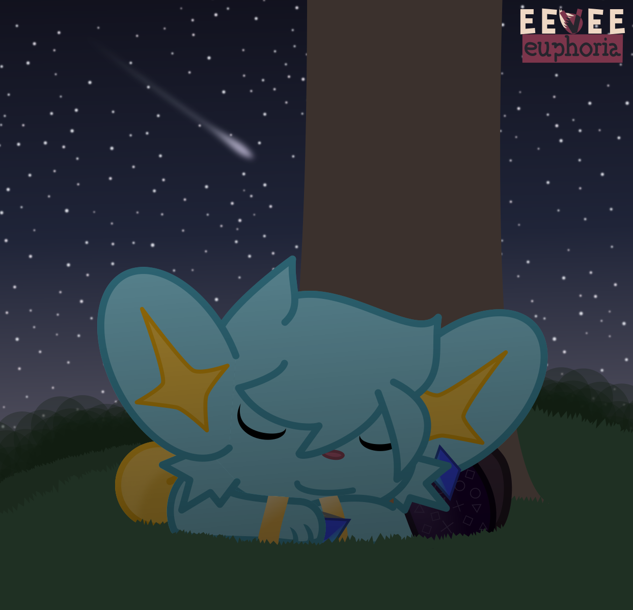 A shinx is sleeping peacefully under a tree during the night. A shooting star is seen in the background.