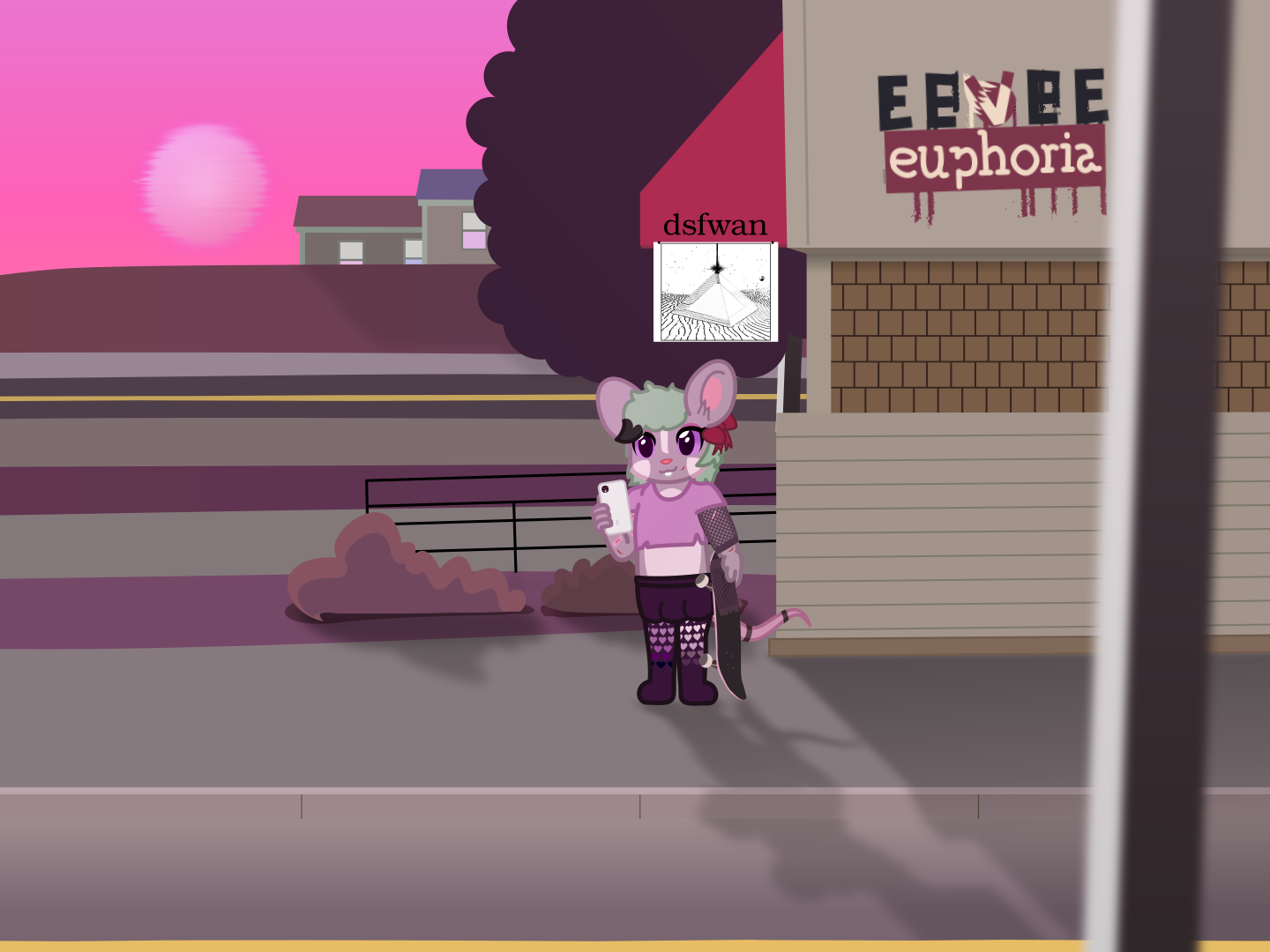 The same picture but without the text conversation. The background is a small part of a city, with purple hills and grass, and Ky is stood in front of a store that just reads 'dsfwan', and has abstract art hanging from it's sign.