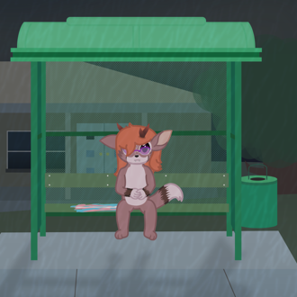 A deerfox is sitting on a bus-stop bench while it rains over head. Nex... (continued inside the page) 