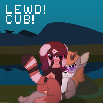a red panda is riding a cute lil deerfox, out in the open sun near a r... (continued inside the page)
It also has the following text:
LEWD!
CUB!
 