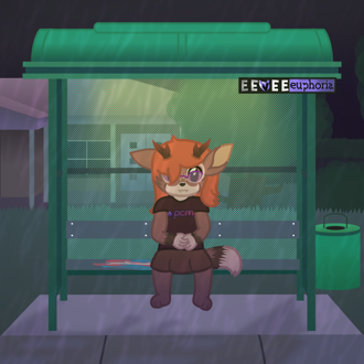 A deerfox is sitting at a bus stop during a rainy night, looking worri... (continued inside the page) 