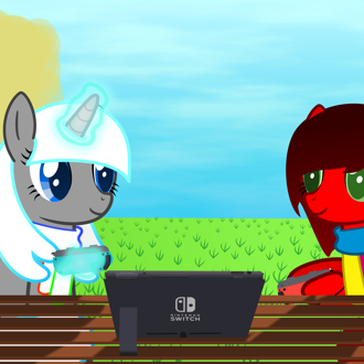 A red horse and a grey/neon blue horse are playing a Nintendo Switch i... (continued inside the page) 