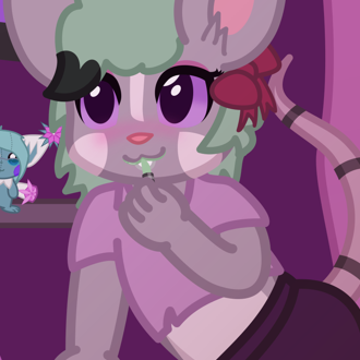 A grey/white mouse with green hair, looking into a mirror and putting ... (continued inside the page) 