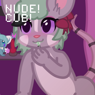 A grey/white mouse with green hair, looking into a mirror and putting ... (continued inside the page)
It also has the following text:
NUDE!
CUB!
 