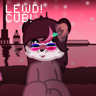 A very pink sunset against a distant city is shown, with a nude otter ... (continued inside the page)
It also has the following text:
LEWD!
CUB!
 