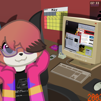 A fox with a ponytail for hair, sitting in front of a Linux computer, ... (continued inside the page) 