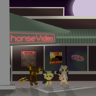 3 creatures walk out of a rental store at night 