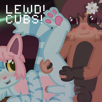 Two creatures having sex, with one being laid out on the table.
It also has the following text:
LEWD!
CUBS!
 