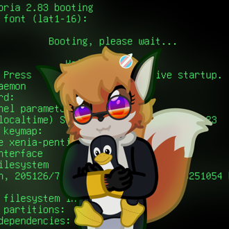 xenia the fox is holding a plushie of tux the penguin, looking down at... (continued inside the page) 
