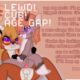 Abigail is riding Xenia, and they're both having very loving sex. Abig... (continued inside the page)
It also has the following text:
LEWD!
CUB!
AGE GAP!
 