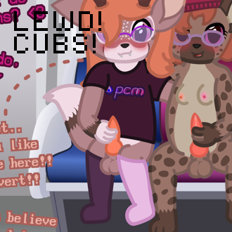 A deerfox and a hyena are on a train, the yeen is more naked than the ... (continued inside the page)
It also has the following text:
LEWD!
CUBS!
 