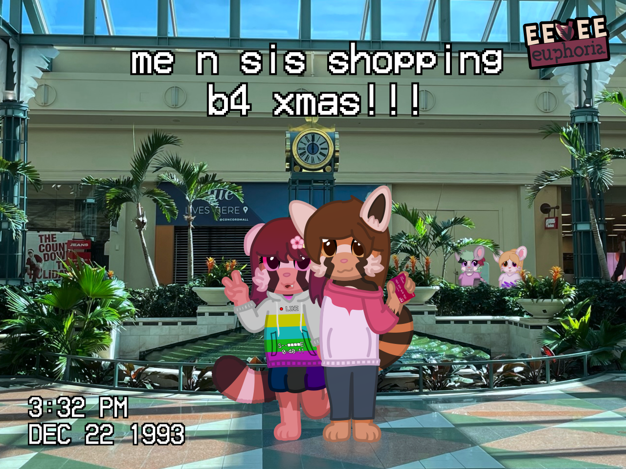 two red panda sisters are standing in front of the center of a mall, which has a water feature. one is holding up a gift card, and the other is doing a peace sign. there are two mice in the background, with one of them looking on at the red pandas. there is a visible VHS OSD, showing the date being december 22, 1993, at 3:32 P.M.