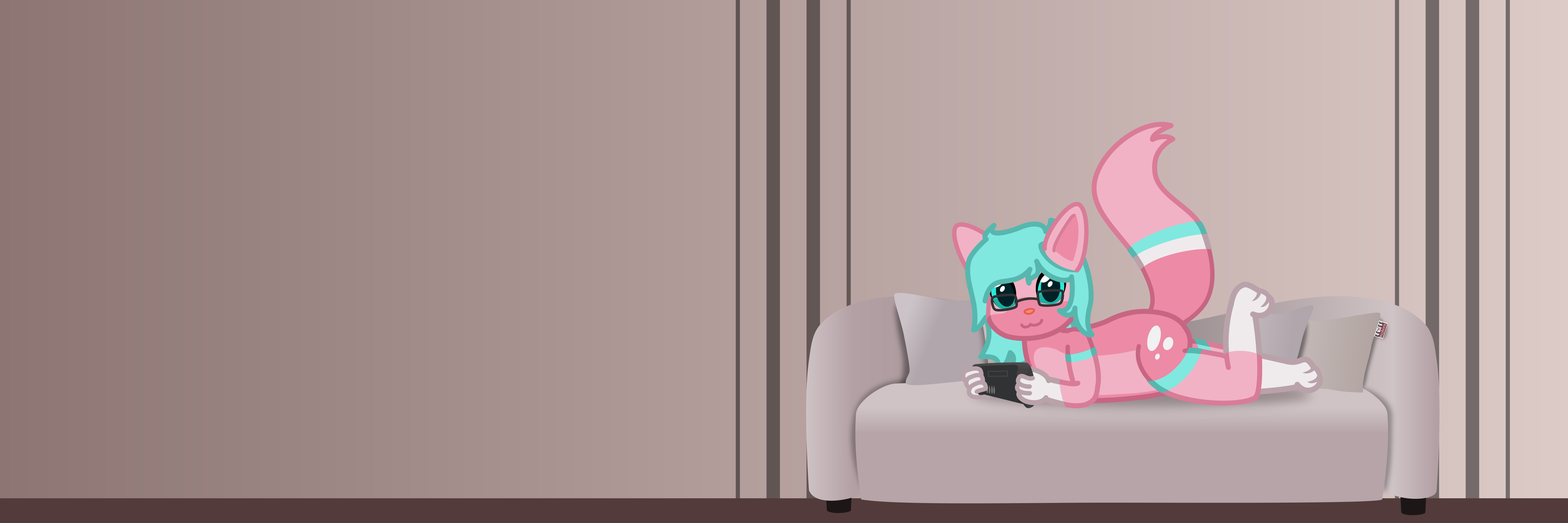 a pink cat w/ neon-ish cyan hair is sitting on the couch, looking at you while she holds a steam deck in her paws