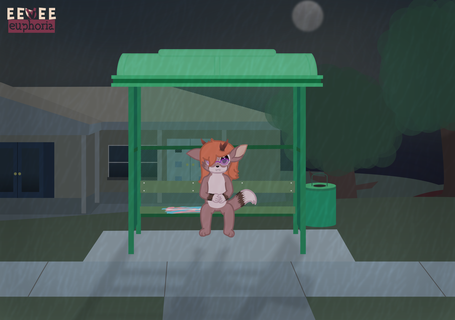 A deerfox is sitting on a bus-stop bench while it rains over head. Next to her is a torn up transgender pride flag.
