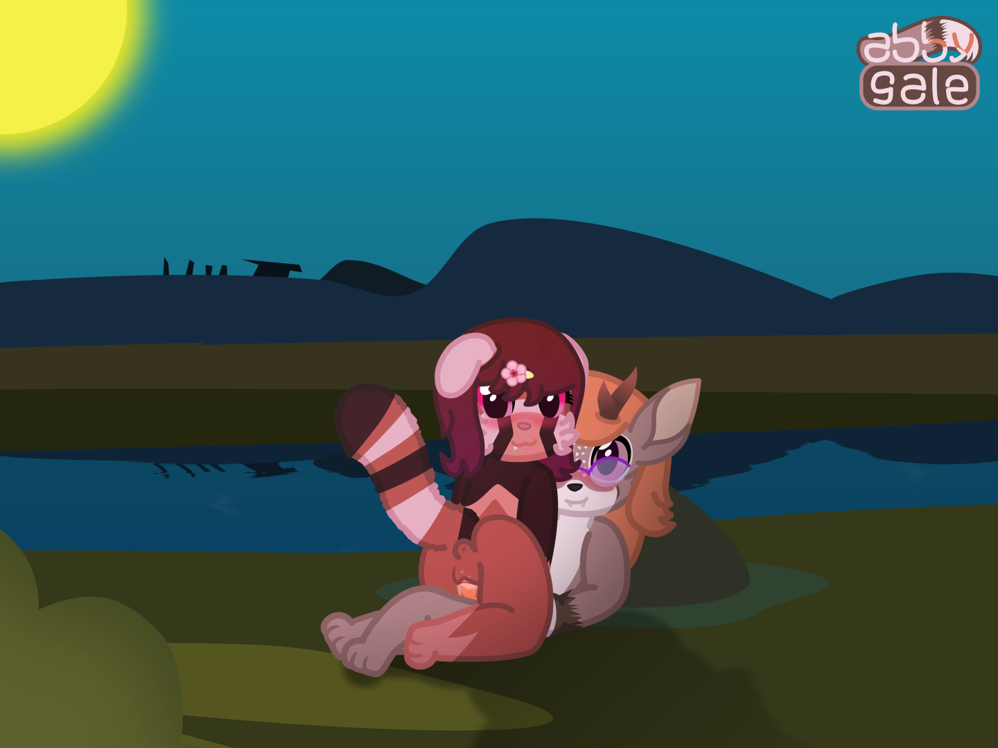 a red panda is riding a cute lil deerfox, out in the open sun near a river!