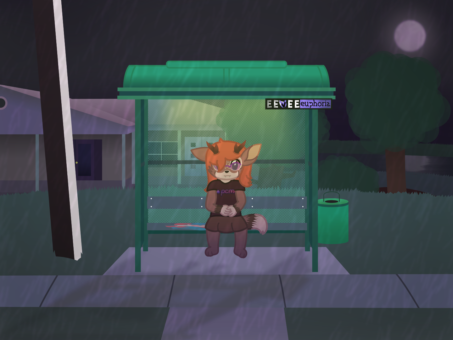 A deerfox is sitting at a bus stop during a rainy night, looking worried out into the distance. She's sitting right next to an unfortunately torn up trans flag.