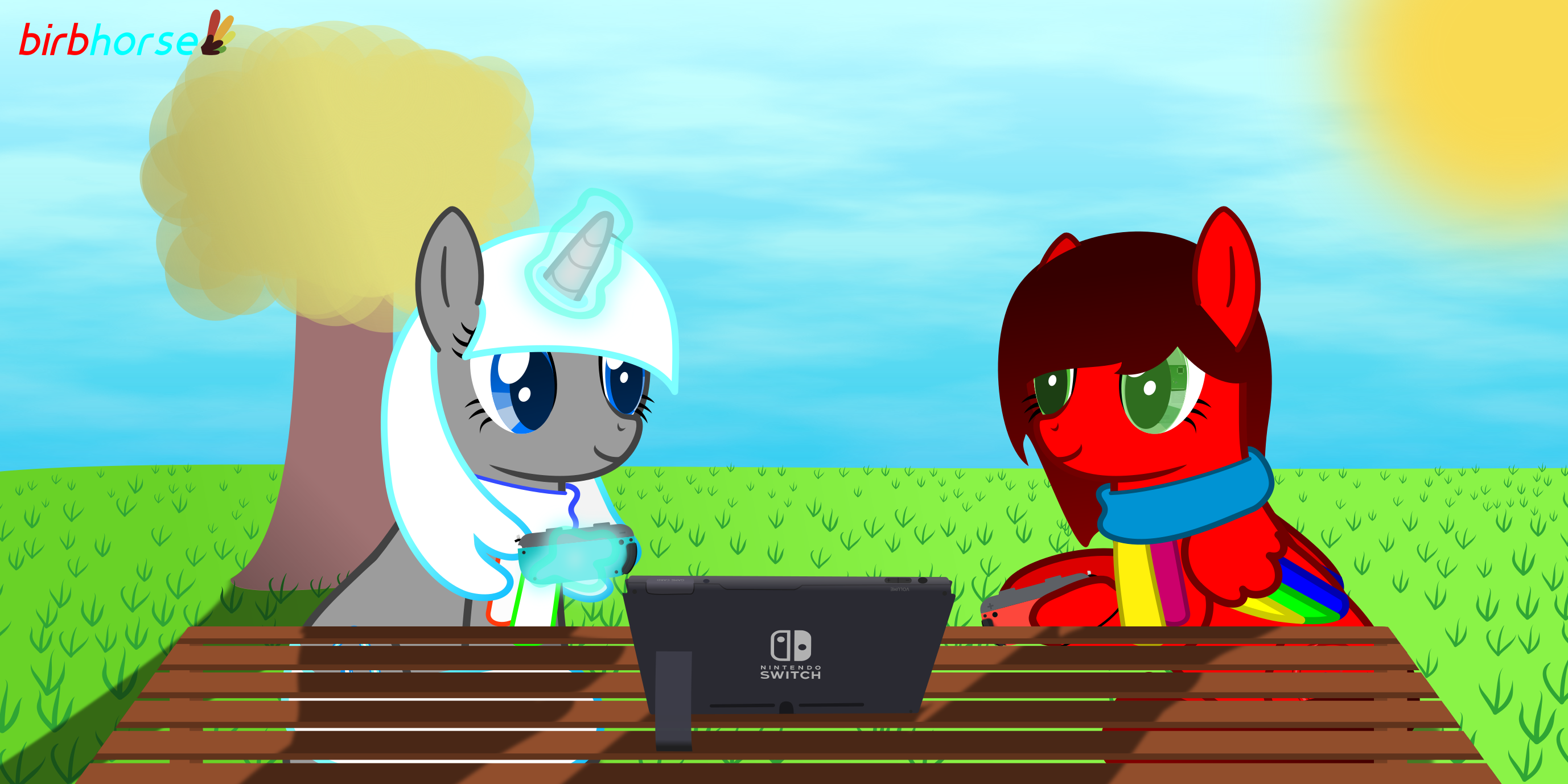 A red horse and a grey/neon blue horse are playing a Nintendo Switch in it's tabletop mode.