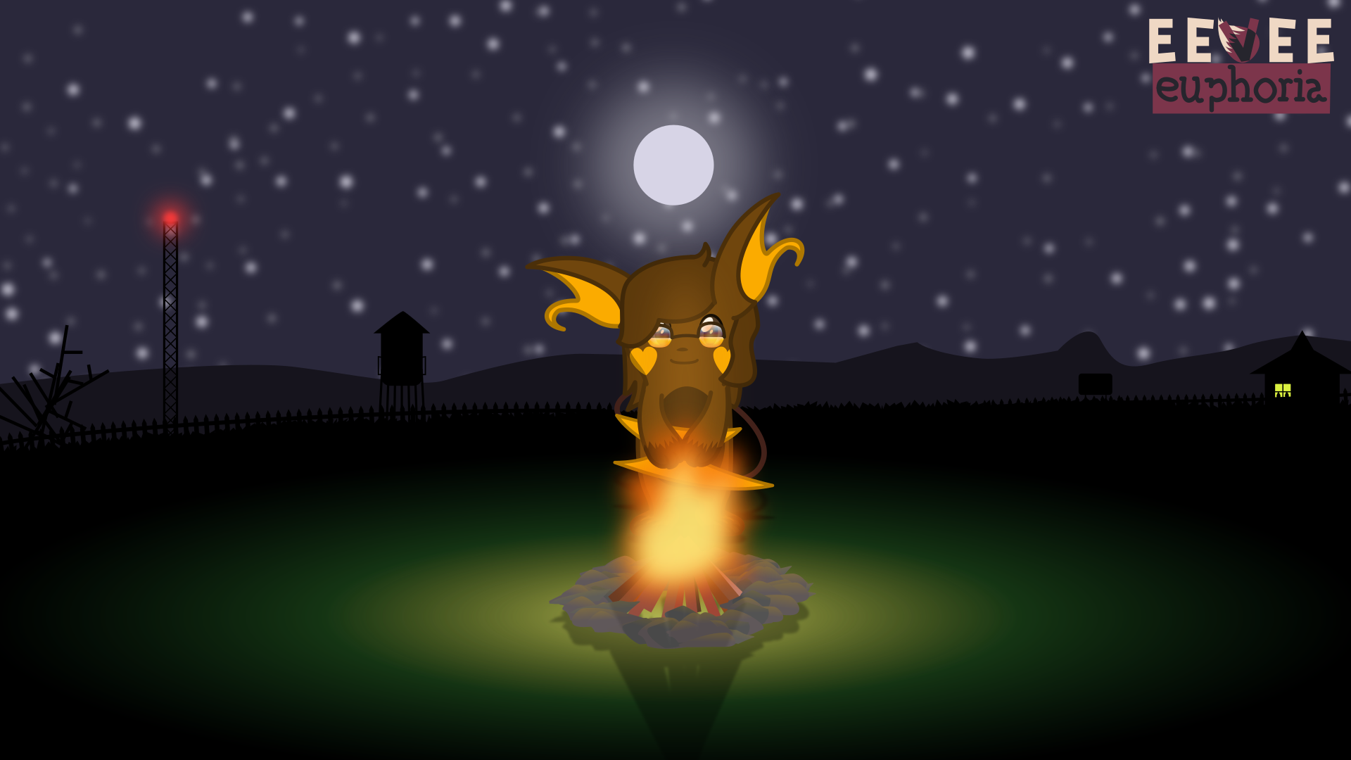 A raichu is sitting in front of a campfire, beneath a night sky, and a dimly-lit sparse town.