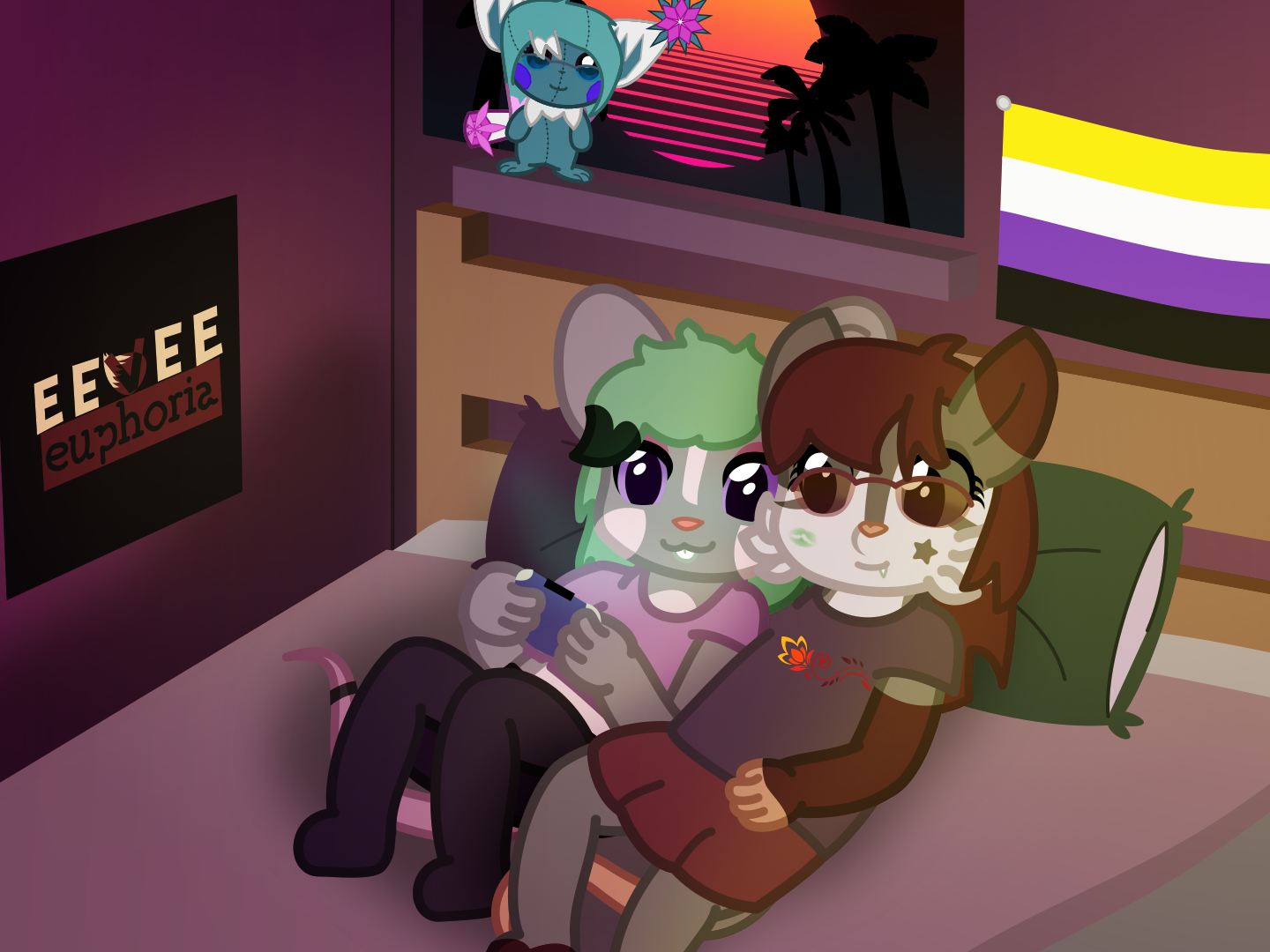 A mouse and an opossum are cuddling in bed, with the mouse using a GBA, and the possum looking at the GBA being played. In the background is a non-binary pride flag, and a blue pichu plushie.