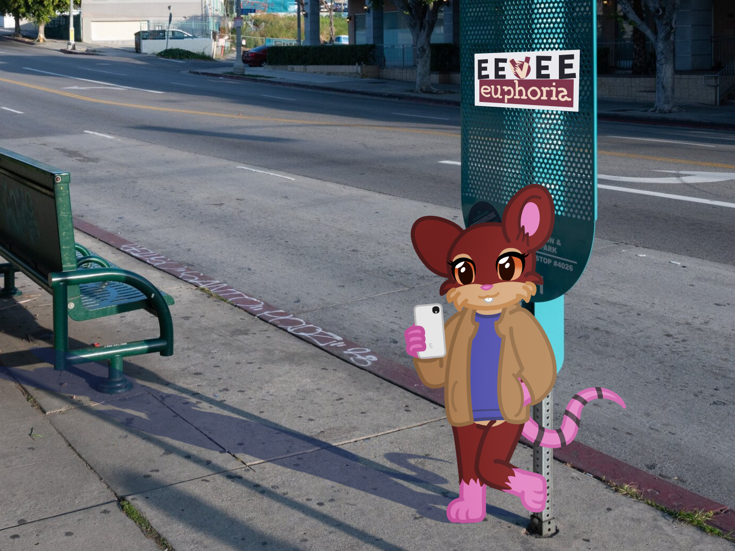 a brown and tan mouse is sitting at a bus stop, right underneath a sign. they are casually looking at their phone, with their arm in a pocket.