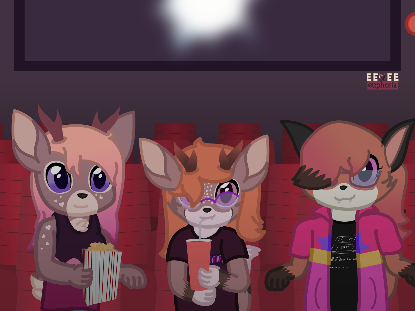 A deer, a deerfox, and a fox are sitting in a theater, all watching a movie together.
