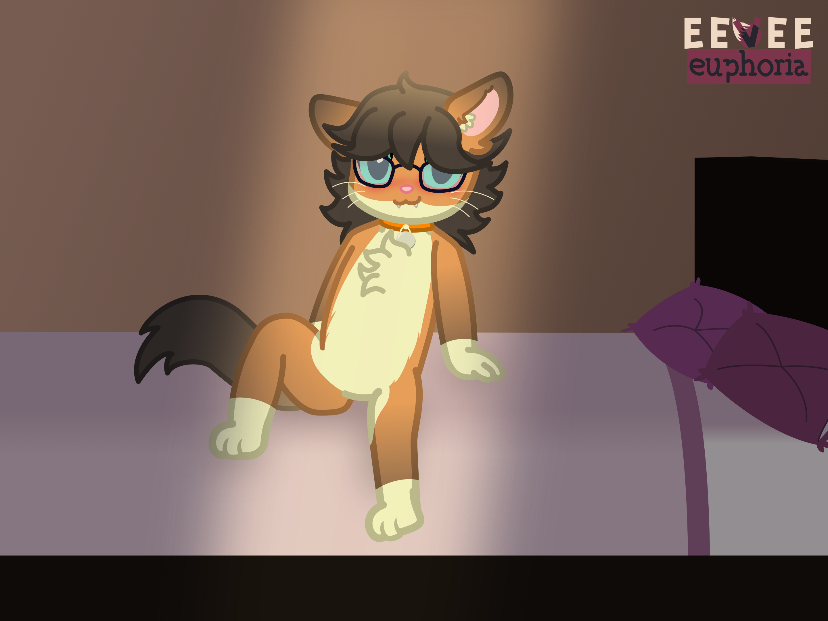 a non-binary cat is sitting on the bed, looking at the viewer, with a slight blush in their face. the lighting indicates the POV is you looking through a cracked open door, into a dark room.
