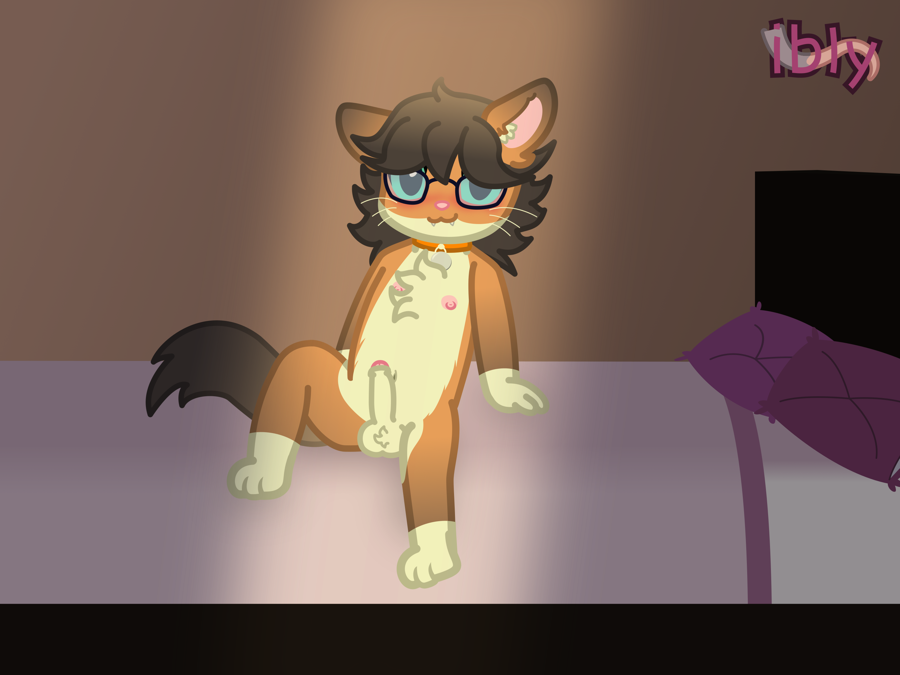 a non-binary cat is sitting on the bed, looking at the viewer, with a slight blush in their face. the lighting indicates the POV is you looking through a cracked open door, into a dark room. their cock is out, with barely visible nipples there too.