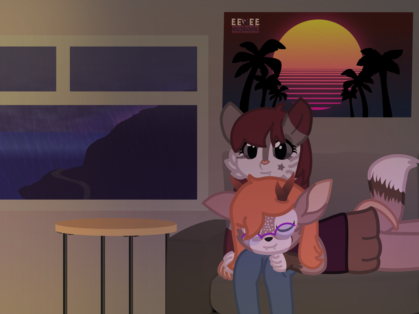 Two girls are on a couch, the opossum is sitting, and the deerfox has her head on the other's lap. There's a vaporwave poster in the background, and a window looking down at a big mountain with a visible path.
