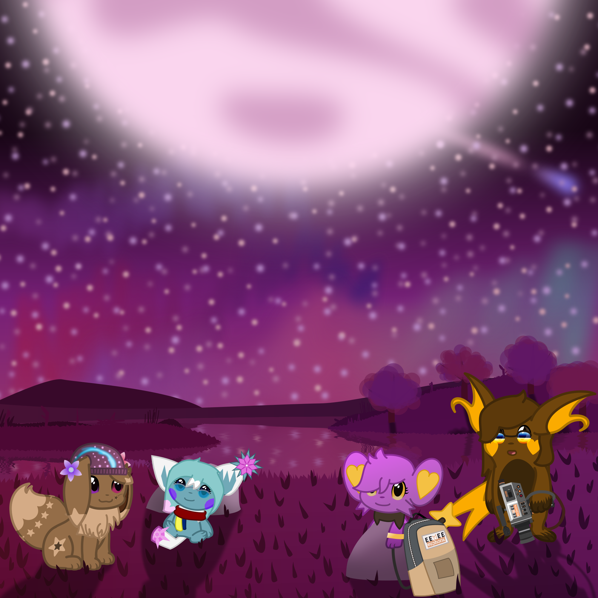 An eevee, pichu, shinx, and raichu all look up at the moon, all standing on a purpleish hill.