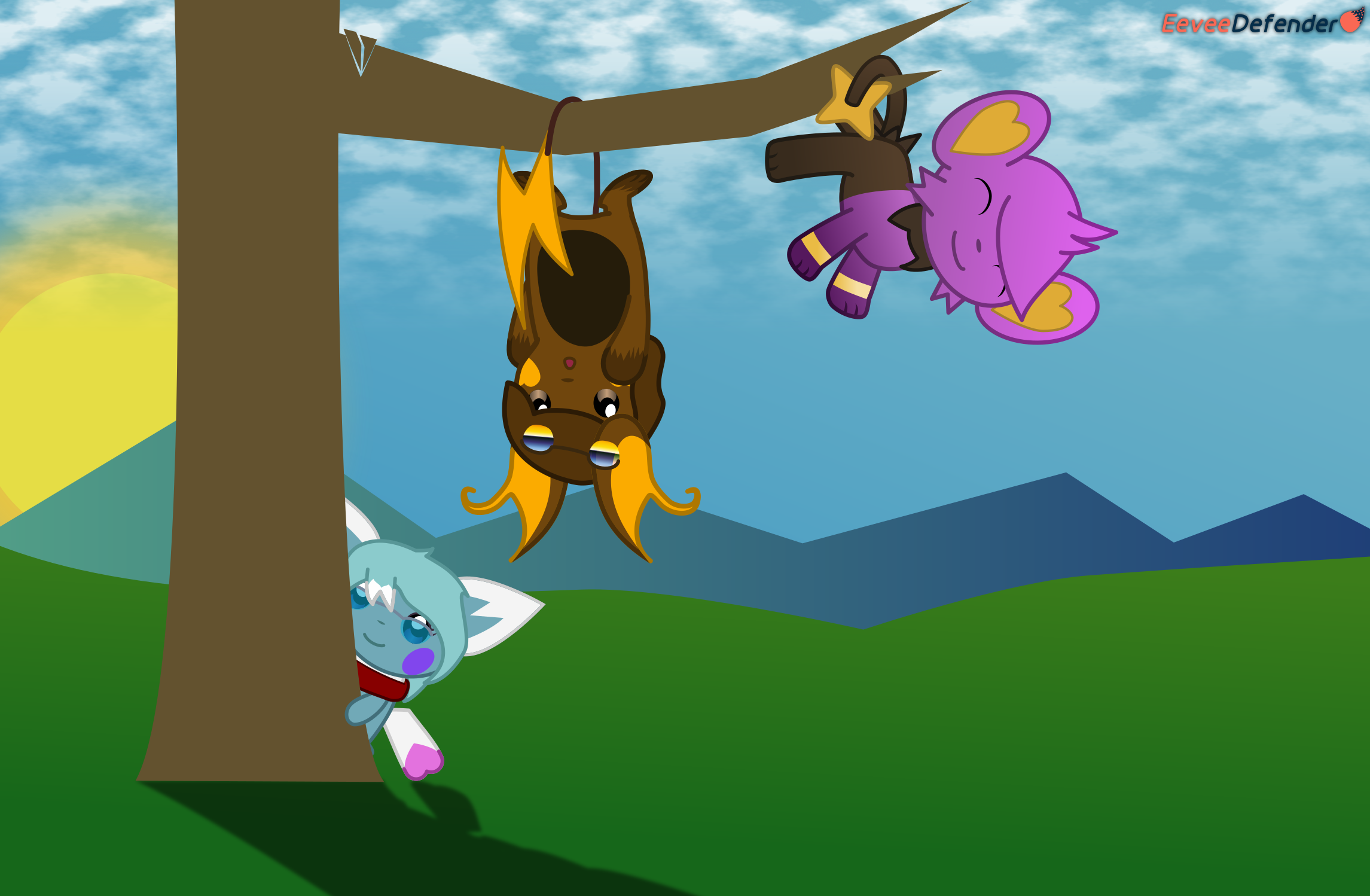 A shinx and a raichu are hanging their tails from a tree, looking like bats. A pichu peers from behind the tree.