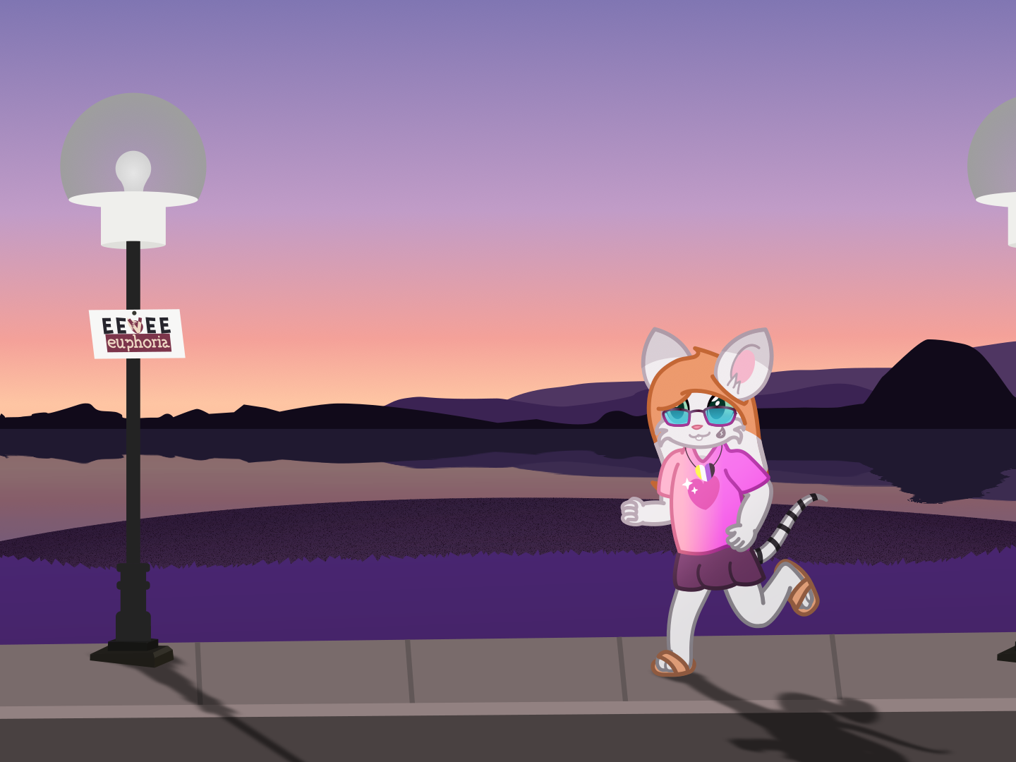 an anthro mouse is jogging on a street during a sunset; the grass is purple and there's a lake and mountains in the background