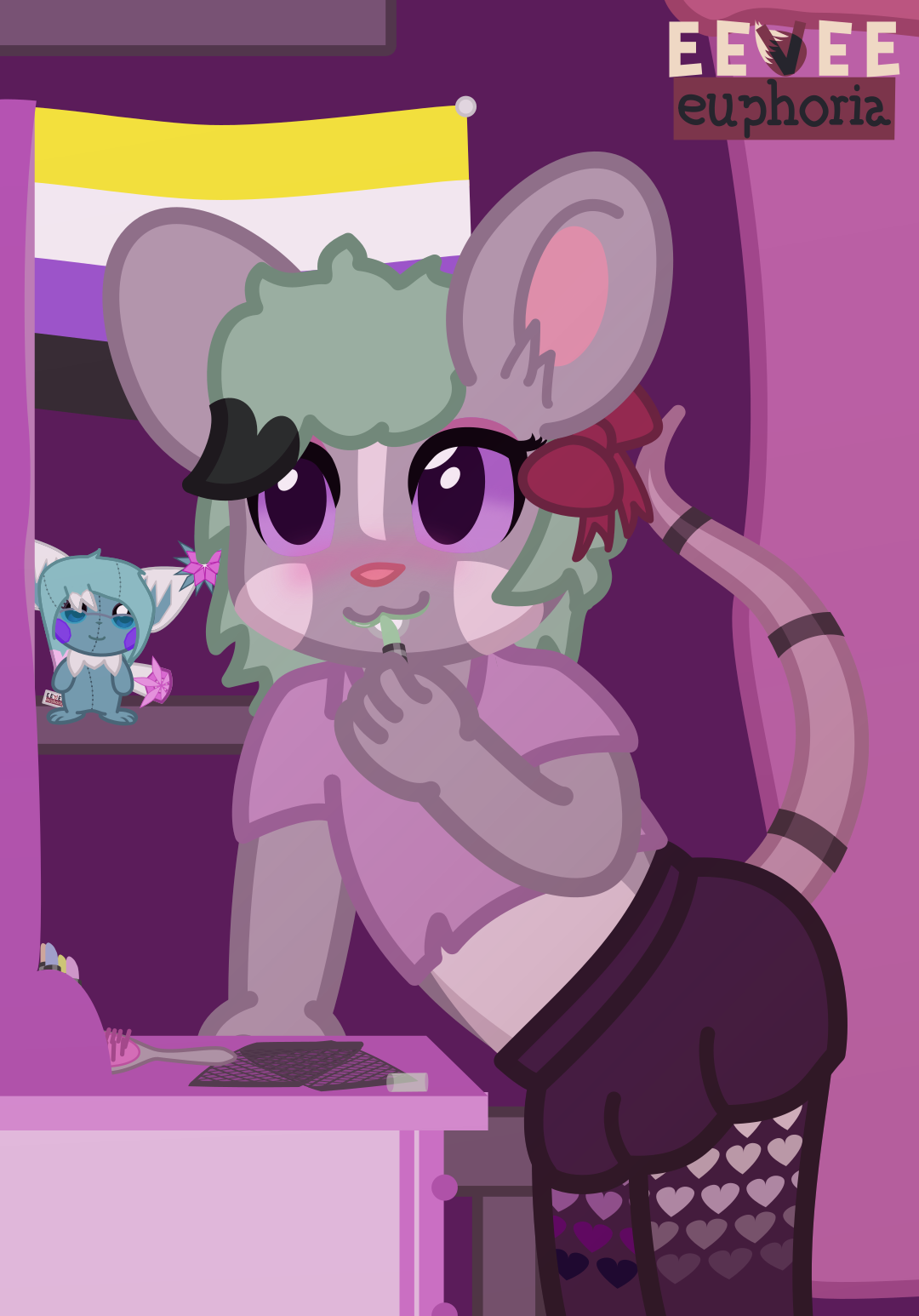 A grey/white mouse with green hair, looking into a mirror and putting on green lipstick. background has a plushie, and a non-binary flag on the wall