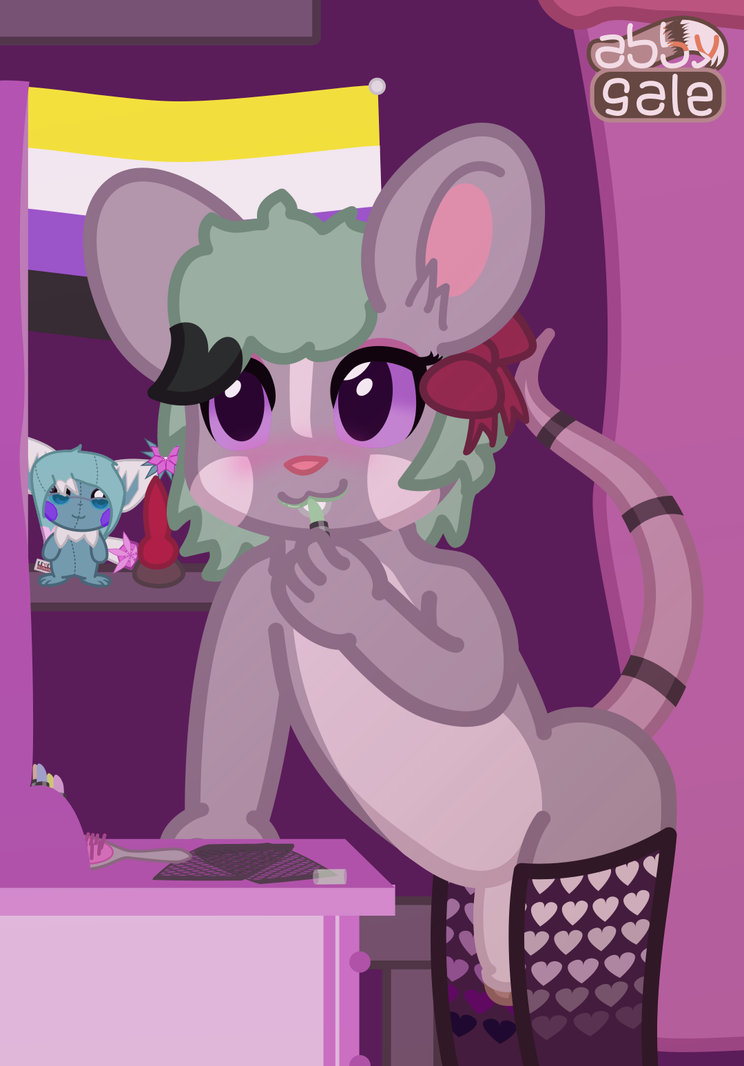 A grey/white mouse with green hair, looking into a mirror and putting on green lipstick. Background has a plushie, and a non-binary flag on the wall. She is notably wearing no clothes here, except for thigh-highs covered in hearts.