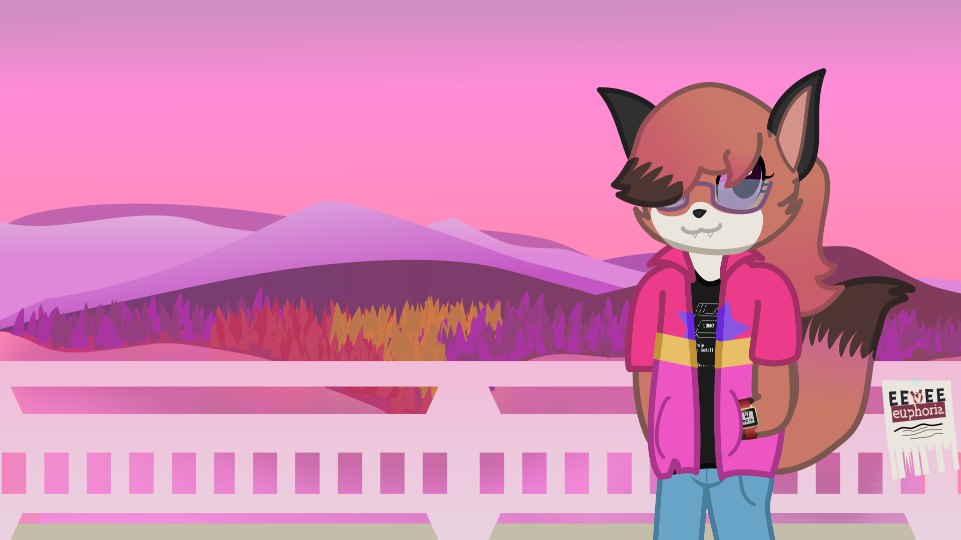 A fox is walking on a bridge, in the background are very vibrant trees, a vibrant mountainscape, and a pink sky.