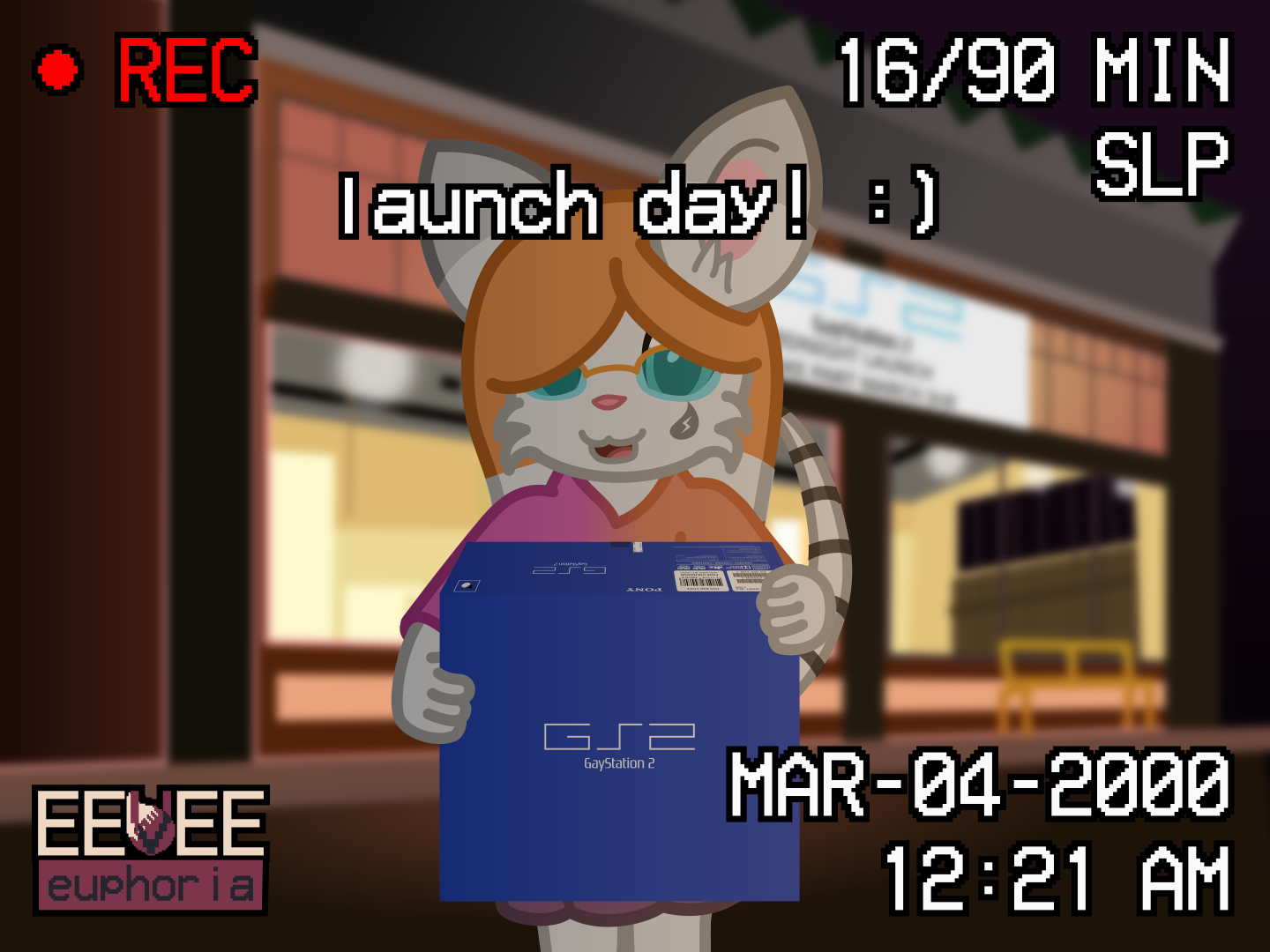 A mouse holding a box with the label of GS2. There's text saying 'launch day! :)'