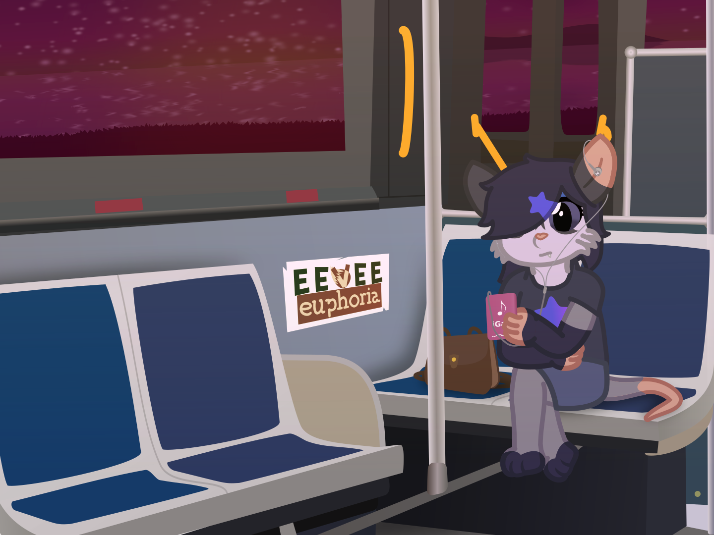 art depicting an anthro opossum sitting on the bus; she has an mp3 player in her hand, with ear buds going to her ears. next to her is her purse. in the background is a purpleish vista and lake.